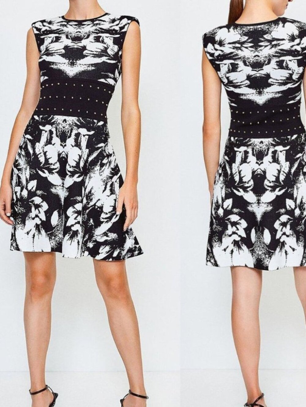 KAREN MILLEN B&W Floral Jacquard Knit Fit & Flare Dress